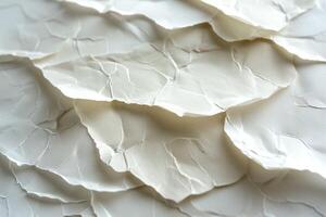 Close-up of textured, crinkled white paper layers creating a soft, artistic background. photo