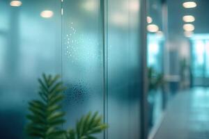 Close-up of frosted glass in a modern office setting, with plants adding a touch of nature. photo