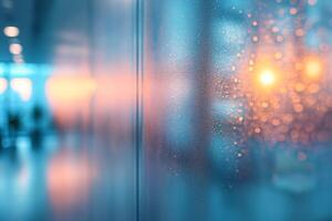 A close-up shot of a rain-streaked glass wall capturing the warm glow of sunset in an office environment. photo