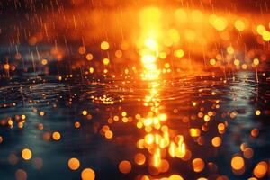 Captivating golden rain reflections create a mesmerizing atmosphere over tranquil water. photo