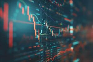 Abstract close-up of a digital stock market chart displaying fluctuating prices and trends. photo