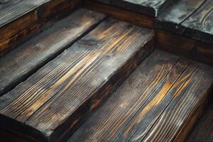 Close-up of dark wooden stairs showcasing rich grain patterns and textures. photo