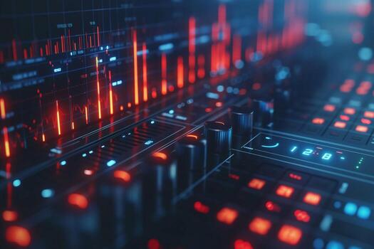 Close-up of a modern audio mixer showcasing vibrant LED displays and waveforms. photo