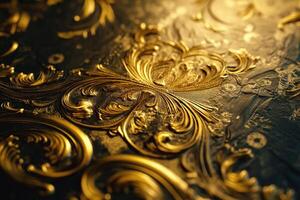 Intricate golden swirls on a dark background create an elegant and luxurious texture. photo