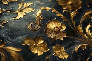 Intricate golden floral patterns on a dark background, showcasing elegance and craftsmanship in design. photo