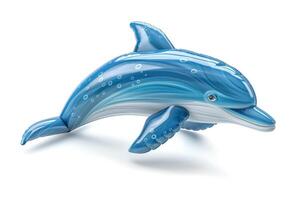 A vibrant blue inflatable dolphin, perfect for summer fun in pools or at the beach. photo