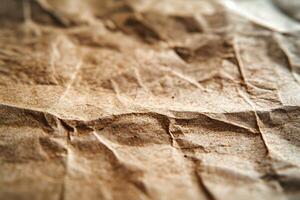 Textured close-up of crumpled brown paper, highlighting its rich details and unique creases. photo