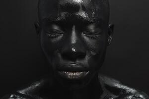 A serene male model with deep black face paint, eyes closed, evoking a strong emotional connection against a dark background. photo