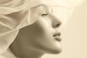 A serene profile of a female model with delicate features, partially veiled in soft, flowing fabric. photo