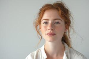 A young Caucasian woman with curly red hair and freckles gazes confidently at the camera against a neutral background. photo