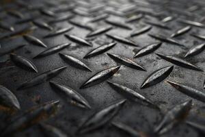 Close-up of a textured metal surface showing a diamond plate pattern. photo