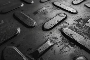 Close-up of textured black metal surface with raised pattern, showcasing wear and industrial design elements. photo