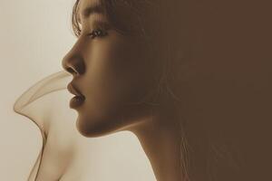 Profile portrait of a young Asian woman with soft, ethereal smoke swirling around her, creating a serene and dreamy atmosphere. photo