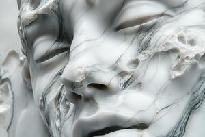 Close-up of a marble sculpture depicting a serene male face with intricate details and smooth textures. photo