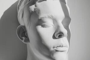 A serene close-up of a life-like white sculpture of a male figure with closed eyes, exuding calmness and tranquility. photo