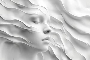 A serene female figure with flowing white textures, creating an ethereal and dreamlike atmosphere. photo