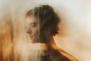 A pensive young Caucasian man with soft lighting, surrounded by a hazy atmosphere, exuding a contemplative mood. photo