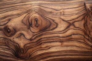 Close-up of beautiful walnut wood grain with intricate patterns and rich hues. photo