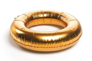 A vibrant golden inflatable swim ring, perfect for summer fun in the pool or at the beach. photo