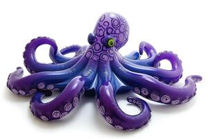 A vibrant purple inflatable octopus with intricate patterns, showcasing its playful design and whimsical character against a white backdrop. photo