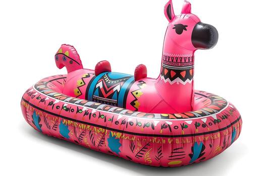 A colorful inflatable llama pool float featuring intricate tribal patterns, perfect for summer fun. photo
