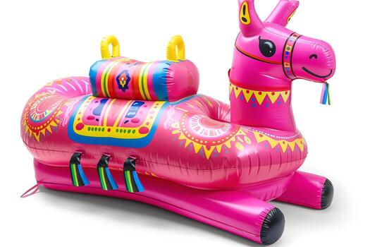Bright pink inflatable llama with colorful patterns, perfect for summer fun and pool parties. photo