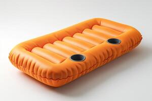 Bright orange inflatable lounge with cup holders, perfect for summer relaxation by the pool or beach. photo