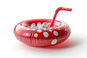 A whimsical red float with white polka dots and a straw, surrounded by bubbles, perfect for a fun pool day. photo