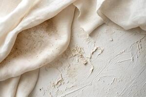 A close-up of natural textures featuring a cream-colored fabric with flour-like dust, creating an inviting, rustic ambience. photo