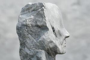 A striking stone sculpture showcasing a half-profile of a human face, emphasizing texture and form. photo