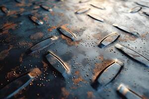 Close-up of a textured metal surface with a diamond plate pattern, showcasing rust and sheen. photo