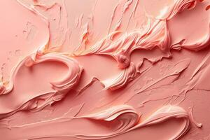 A close-up view of smooth, creamy pink texture, reminiscent of soft makeup or pastel frosting. photo