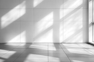 A modern, minimalist interior with soft shadows casting across a clean, white wall and tiled floor. photo