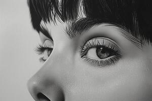 Close-up of a female face in grayscale, showcasing intricate details of the eyes and skin texture. photo