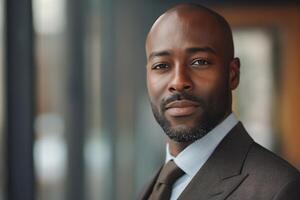 Confident African American man in a suit, exuding professionalism with a subtle smile in a modern indoor setting. photo