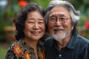 A joyful senior couple, an Asian woman and man, sharing a warm smile in a vibrant garden setting. photo