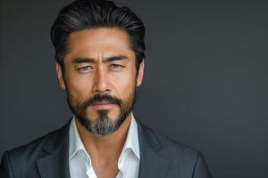 Confident Asian man with a striking beard, dressed in a tailored suit against a dark backdrop, exuding professionalism and poise. photo