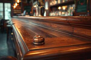 Close-up of a polished wooden bar top in a warm, inviting pub setting. photo