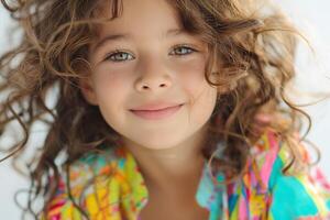 Smiling young girl with curly hair, wearing a colorful shirt, radiating joy and innocence. photo