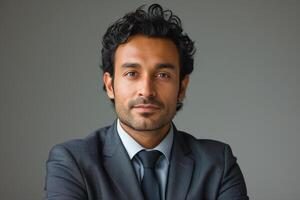 A confident South Asian man in a tailored suit poses thoughtfully against a neutral background. photo