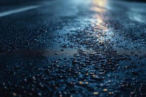 A close-up view of wet pavement glistening under streetlights at night, creating a serene and reflective atmosphere. photo