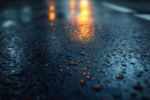Moody rainy pavement reflecting warm street lights, creating a serene urban atmosphere. photo