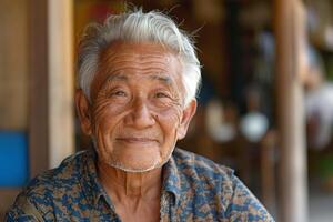 Smiling elderly Asian man with gray hair and a patterned shirt, exuding warmth and wisdom in a bright outdoor setting. photo