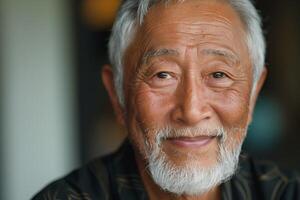 Smiling elderly Asian man with a gray beard exudes warmth and wisdom in a serene indoor setting. photo