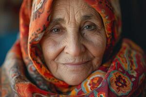 Elderly woman with warm eyes, wrapped in a vibrant, patterned scarf, exuding wisdom and kindness. photo
