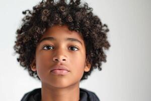 A portrait of a young boy with curly hair and a serious expression, against a soft white background. photo
