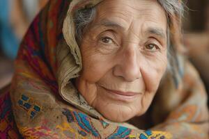 An elderly woman of Middle Eastern descent wears a colorful shawl, showcasing a gentle smile that reflects wisdom and kindness. photo