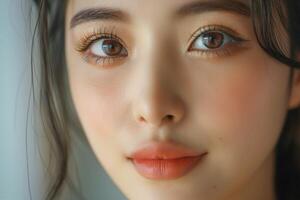 Close-up portrait of a young Asian woman with soft features and expressive eyes, radiating warmth and confidence. photo