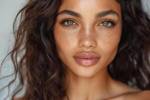 A young woman with curly brown hair and striking green eyes showcases her natural beauty with freckled skin. photo