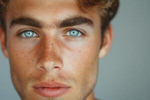 Close-up of a young Caucasian male with striking blue eyes and freckles, showcasing confidence and charisma. photo